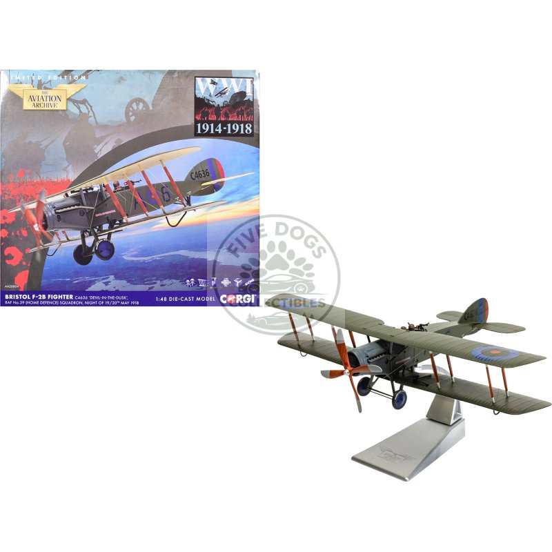 bristol f 2b fighter aircraft "c4636 devil in the dusk no. 39 squadron" (1918) royal flying corps "the aviation archive" series 1/48 diecast model by corgi