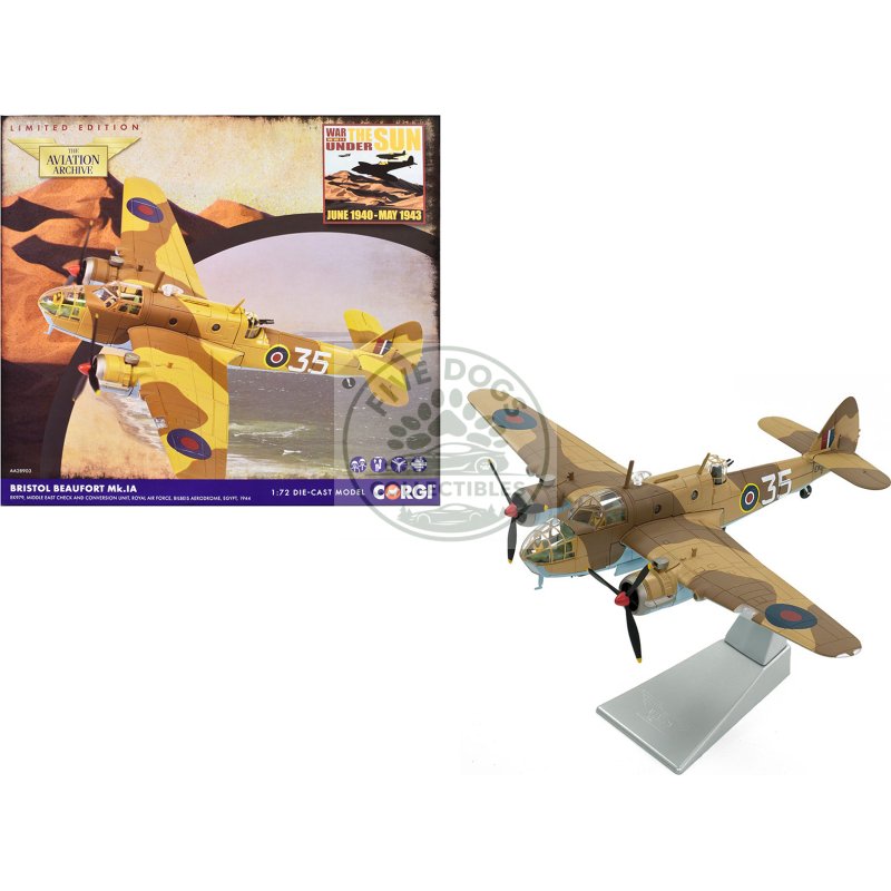 bristol beaufort mkia bomber aircraft "ek979 middle east check and conversion unit" (1944) british royal air force "the aviation archive" series 1/72 diecast model by corgi