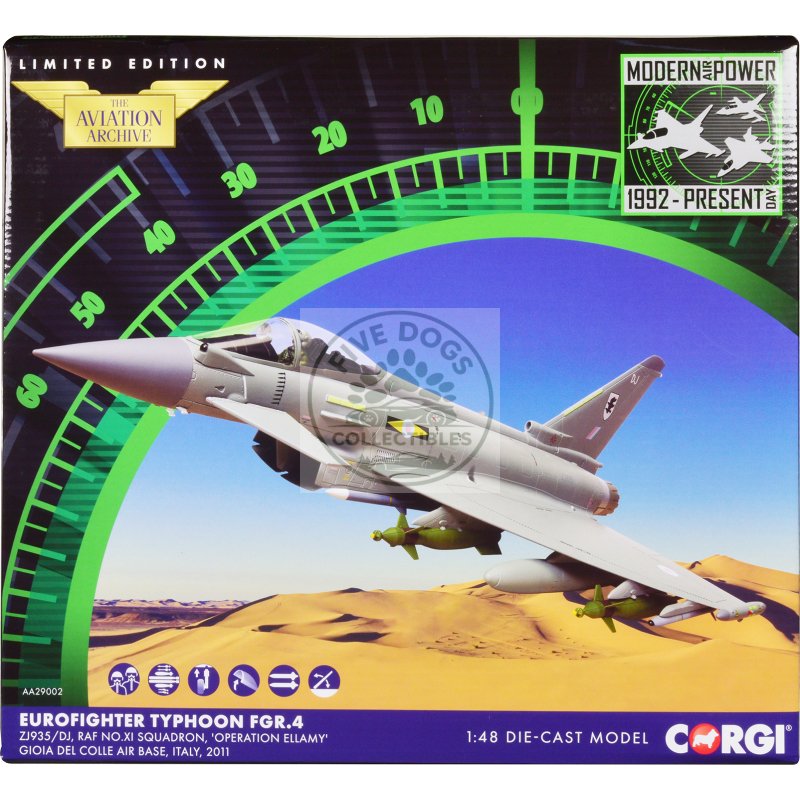 eurofighter typhoon fgr.4 fighter aircraft "raf no.11 squadron operation ellamy gioia del colle air base italy" (2011) royal air force "the aviation archive" series 1/48 diecast model by corgi