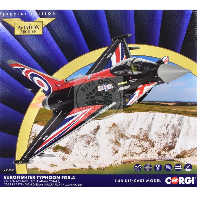 eurofighter typhoon fgr4 aircraft "blackjack raf typhoon display aircraft" (2022) british royal air force "the aviation archive" series 1/48 diecast model by corgi