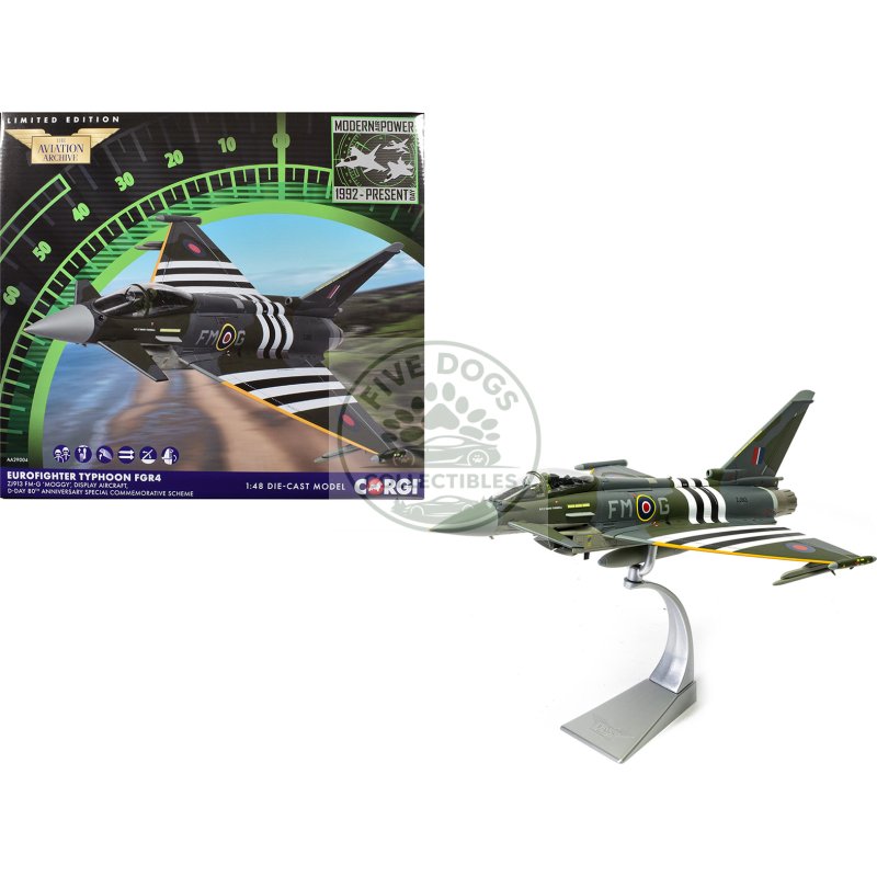 eurofighter typhoon fgr4 fighter aircraft "zj913 fm g moggy d day 80th anniversary display scheme" (2024) royal air force "the aviation archive" series 1/48 diecast model by corgi