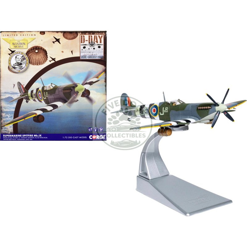 supermarine spitfire mk.ix fighter aircraft with commander j.e. "johnnie" johnson figure 144 wing rcaf "spitfire beer truck" "d day operation overlord" normandy (june 1944) "the aviation archive" series 1/72 diecast model by corgi