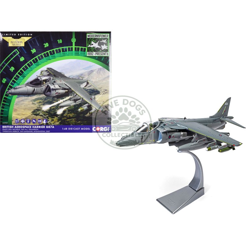 british aerospace harrier gr7a aircraft "michelle raf no.1 squadron operation herrick raf kandahar afghanistan" (2007) royal air force "the aviation archive" series 1/48 diecast model by corgi