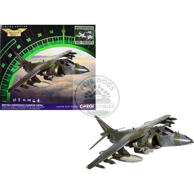 british aerospace harrier gr9a aircraft "zg506/p77 ninja 1 raf cottesmore final flight retirement scheme" (2010) royal air force "the aviation archive" series 1/48 diecast model by corgi