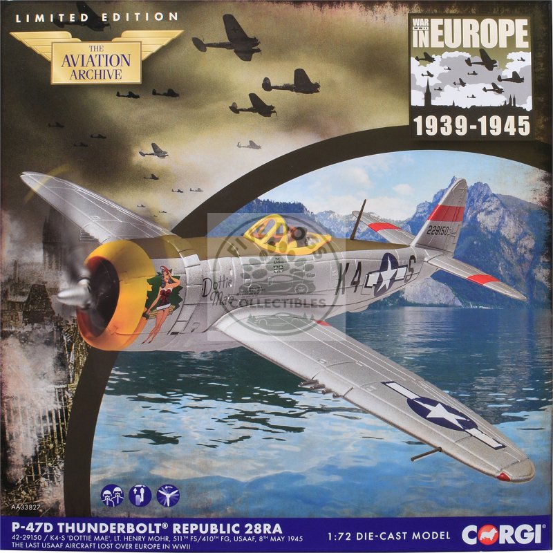 republic p 47d thunderbolt 28ra fighter aircraft "dottie mae 511th fighter squadron 405th fighter group" (1945) united states army air forces "the aviation archive" series 1/72 diecast model by corgi