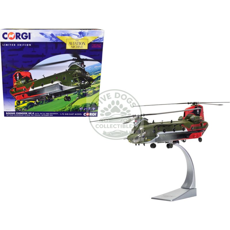 boeing chinook hc.4 helicopter "za712 raf no.18 (b) squadron 100 years anniversary scheme raf odiham" (september 2016) royal air force "the aviation archive" series 1/72 diecast model by corgi