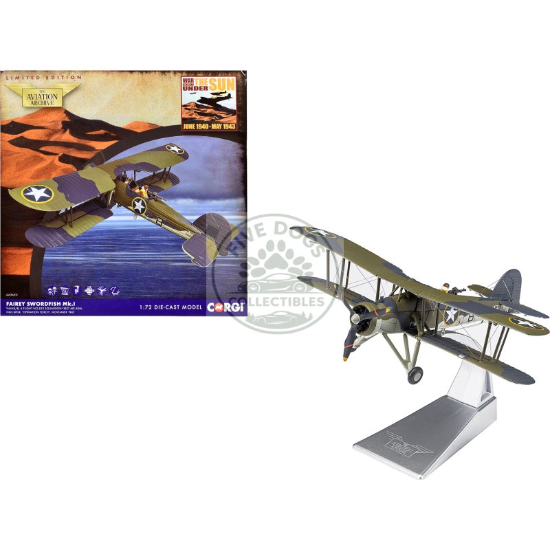 fairey swordfish mk.i bomber aircraft "no. 833 squadron of the fleet air arm hms biter operation torch" (1942) british royal air force "the aviation archive" series 1/72 diecast model by corgi