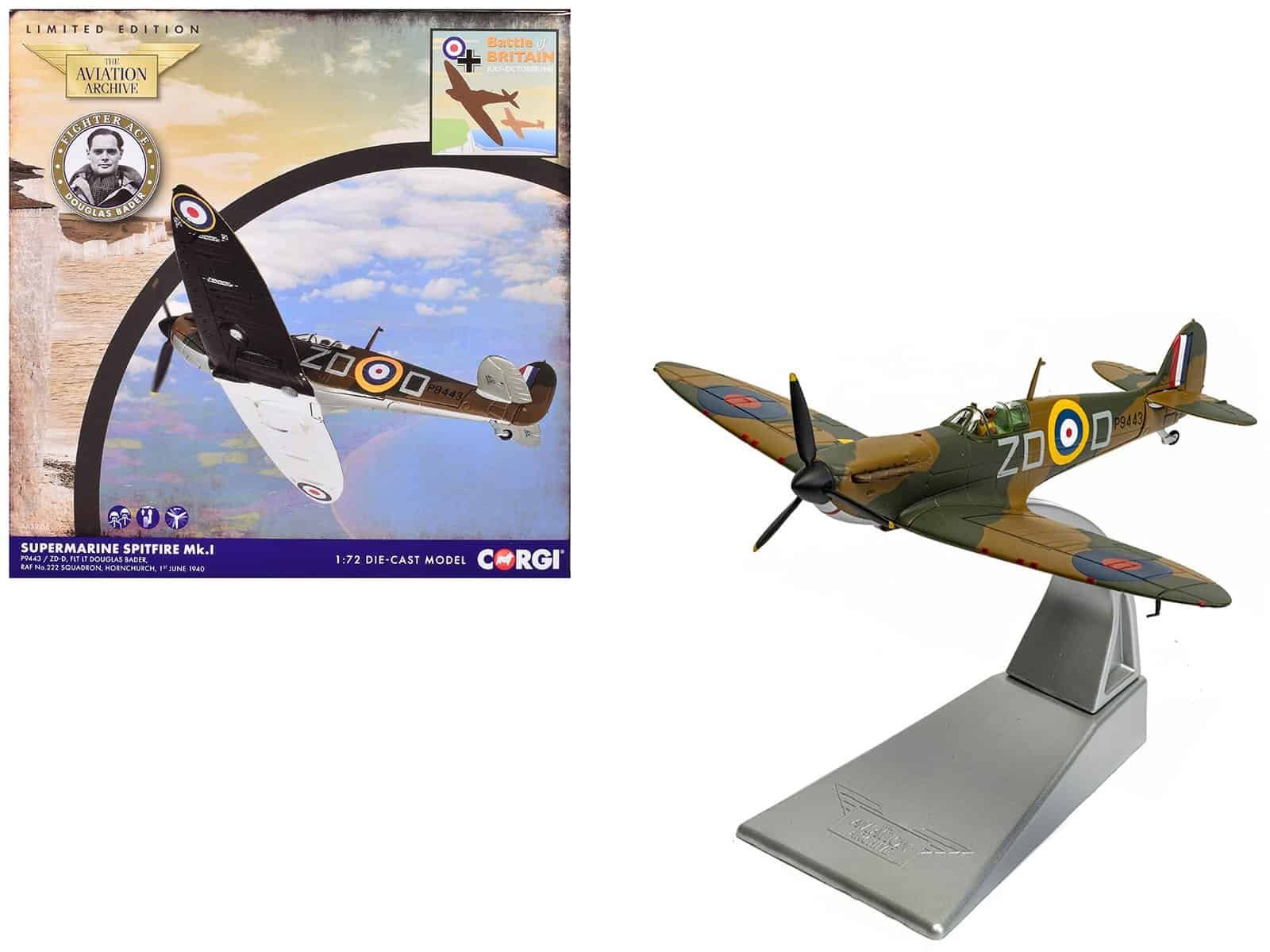 Supermarine Spitfire MK I model airplane on display Detailed Supermarine Spitfire MK I scale model with authentic WWII markings.