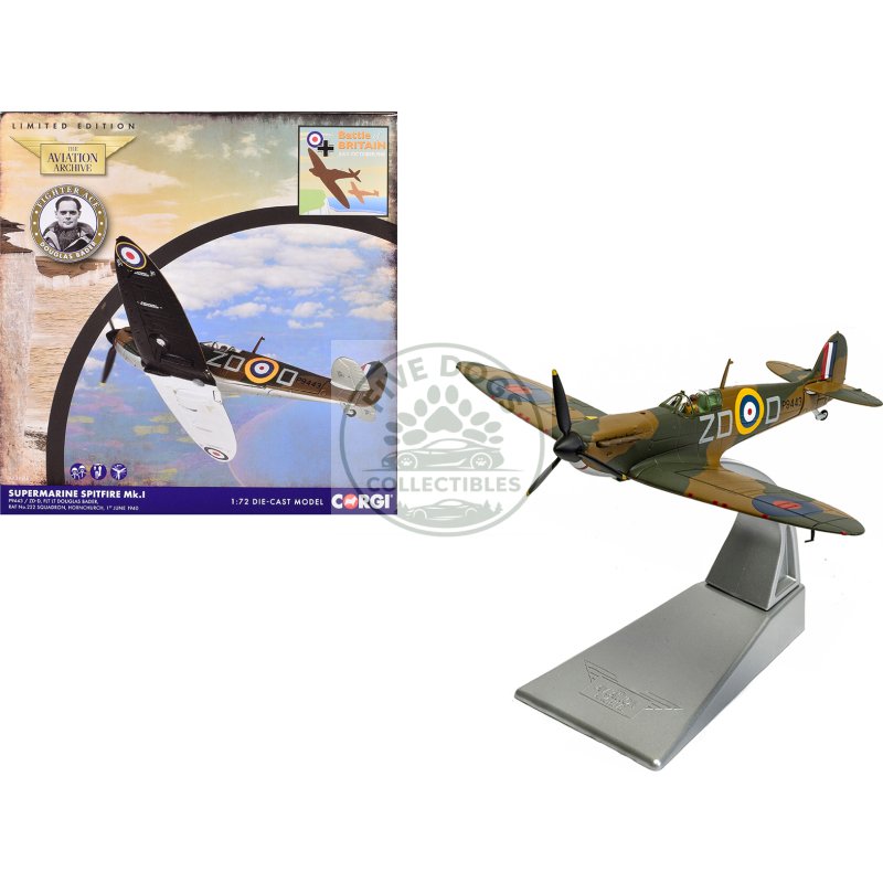 supermarine spitfire mki fighter aircraft "p9443 zd d flight lieutenant douglas bader no. 222 squadron battle of britain" (1940) royal air force "the aviation archive" series 1/72 diecast model by corgi