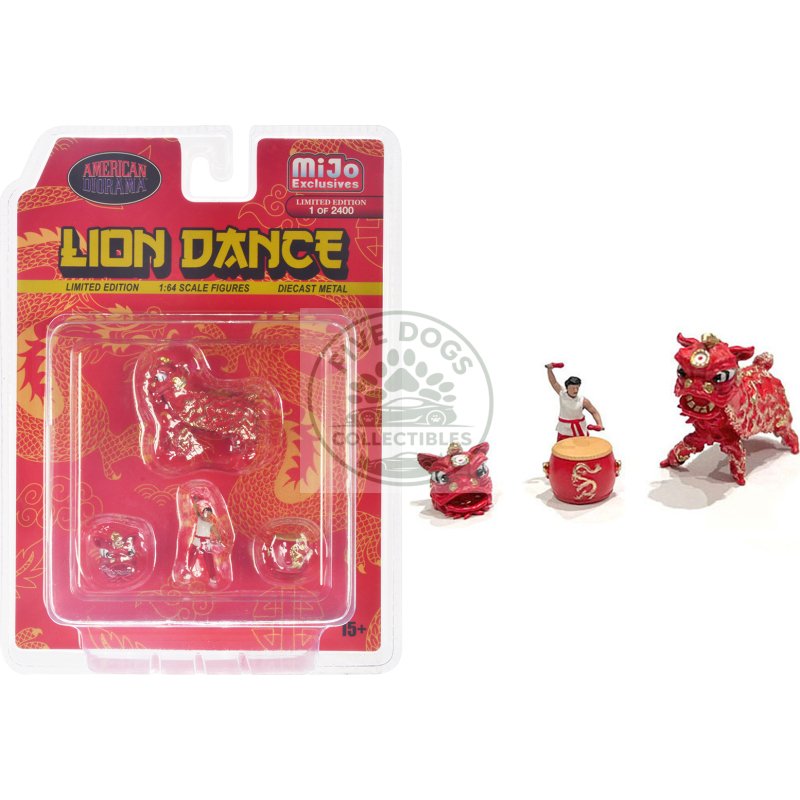 "lion dance" 4 piece diecast figure set (1 figures 1 lion 2 accessories) limited edition to 2400 pieces worldwide for 1/64 scale models by american diorama
