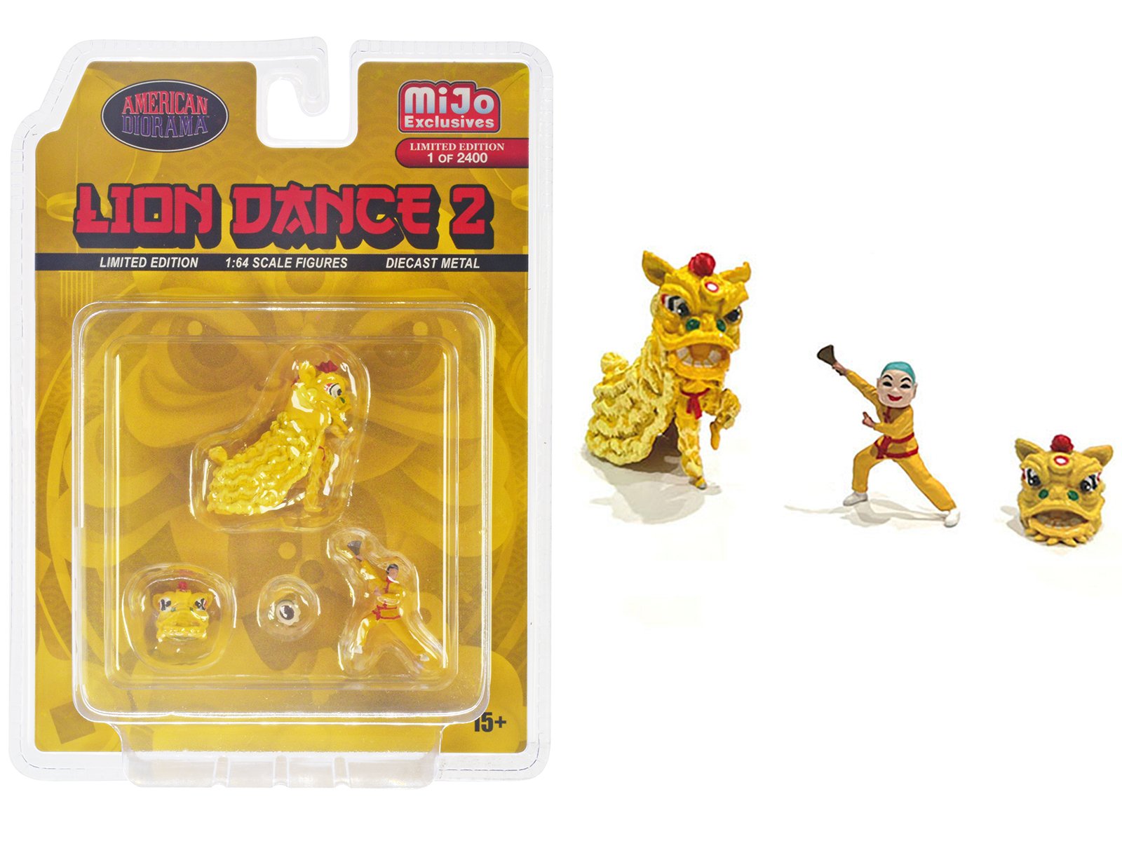 "lion dance 2" 4 piece diecast figure set (1 figures 1 lion 2 accessories) limited edition to 2400 pieces worldwide for 1/64 scale models by american diorama "lion dance 2" 4 piece diecast figure set (1 figures 1 lion 2 accessories) limited edition to 2400 pieces worldwide for 1/64 scale models by american diorama