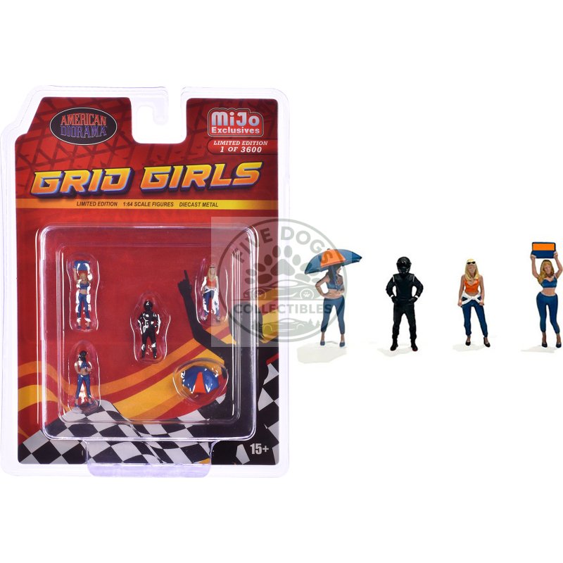 "grid girls" 5 piece diecast figure set (4 people figures 1 umbrella) limited edition to 3600 pieces worldwide for 1/64 scale models by american diorama