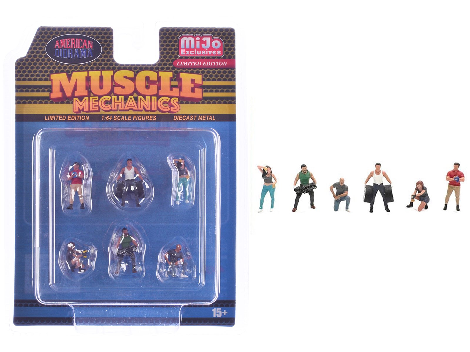 "muscle mechanics" 6 piece diecast figure set (6 figures) limited edition for 1/64 scale models by american diorama "muscle mechanics" 6 piece diecast figure set (6 figures) limited edition for 1/64 scale models by american diorama