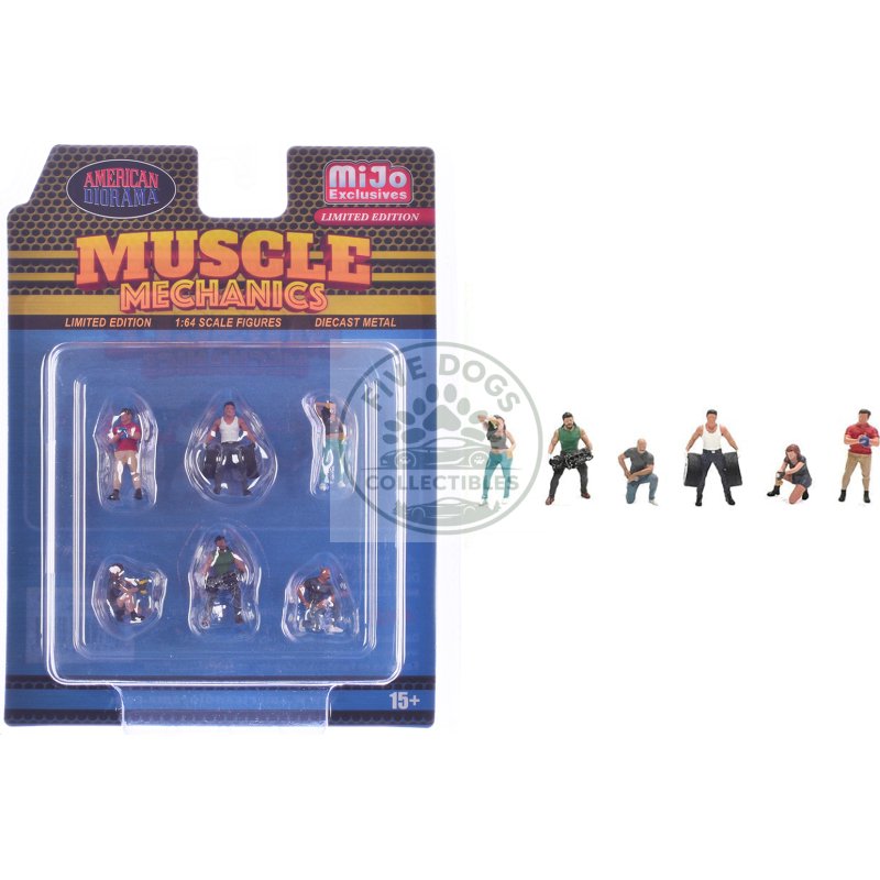 "muscle mechanics" 6 piece diecast figure set (6 figures) limited edition for 1/64 scale models by american diorama