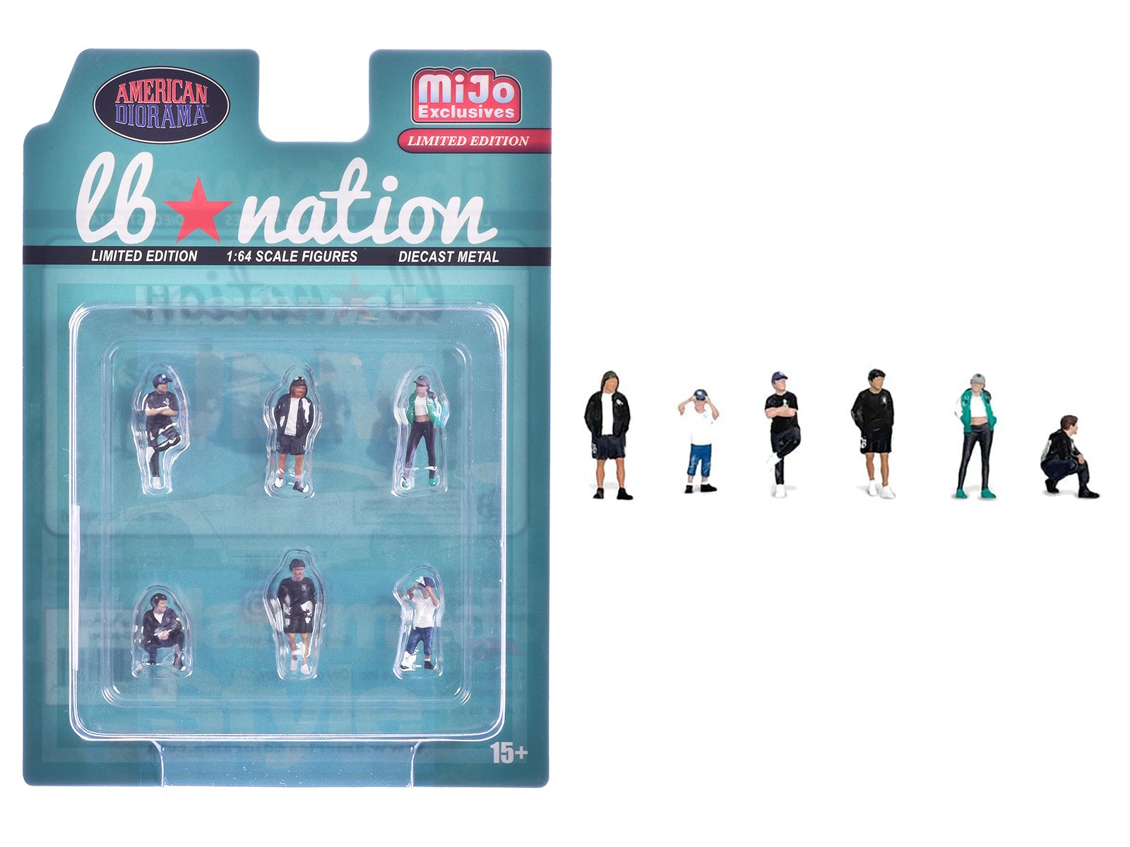 "liberty walk lb nation" 6 piece diecast figure set limited edition for 1/64 scale models by american diorama "liberty walk lb nation" 6 piece diecast figure set limited edition for 1/64 scale models by american diorama