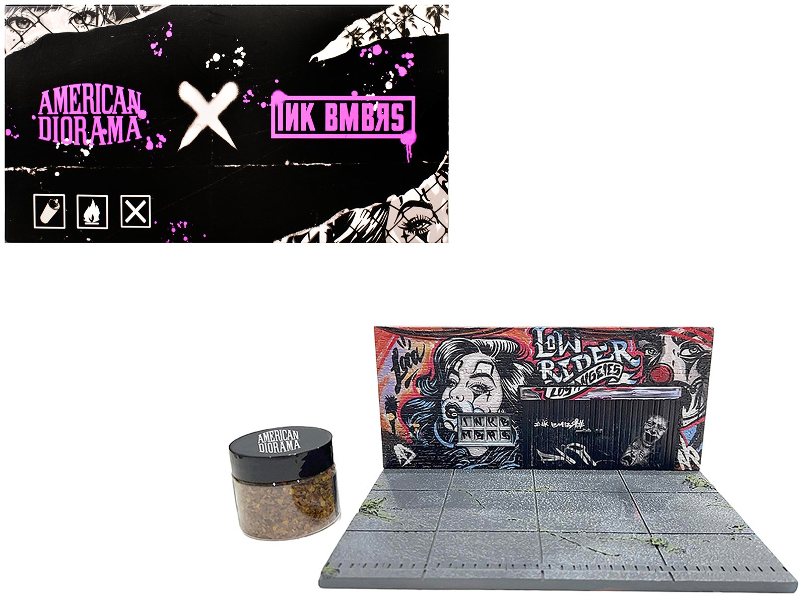 "american diorama x ink bmbrs la lowrider" street art diorama for 1/64 scale models by american diorama "american diorama x ink bmbrs la lowrider" street art diorama for 1/64 scale models by american diorama