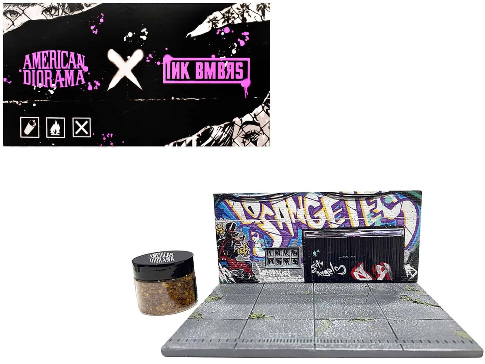 American Diorama x Pink Bamba collectible figure display set with graffiti art backdrop, miniature street scene, and accessories for dog-themed collectibles. "American Diorama X INK BMBRS - LA Graffiti" Street Art Diorama for 1/64 Scale Models by American Diorama - Image 2
