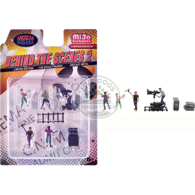 "behind the scenes #2" 7 piece (4 people 3 accessories) diecast figures set 1/64 scale models by american diorama