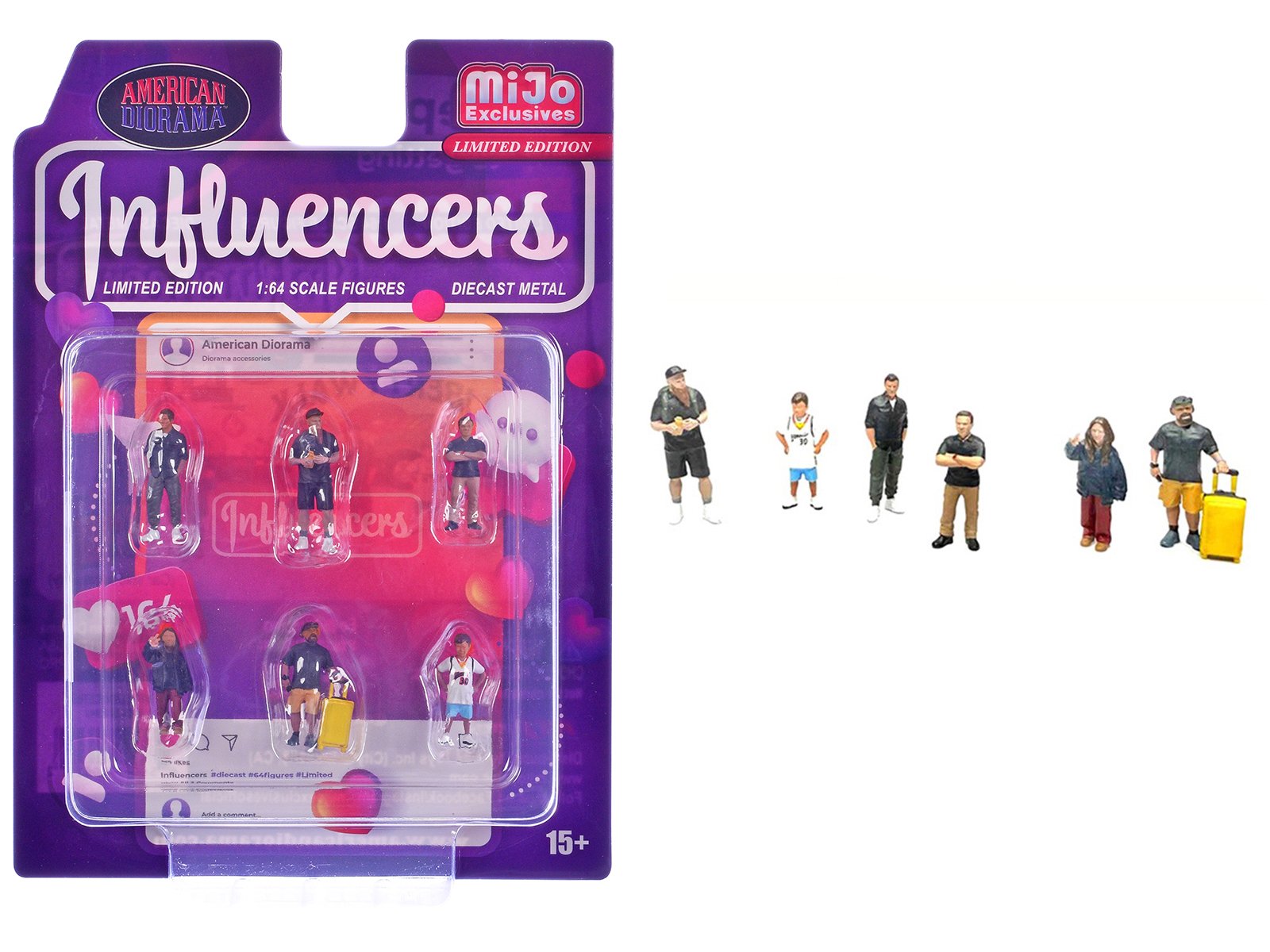 "influencers" 6 piece diecast figure set limited edition for 1/64 scale models by american diorama "influencers" 6 piece diecast figure set limited edition for 1/64 scale models by american diorama