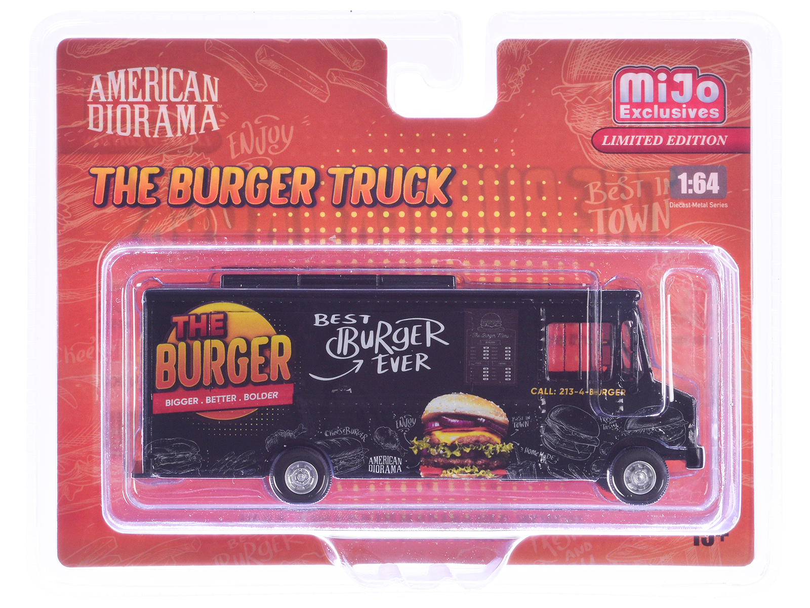 food truck "the burger truck" black with graphics 1/64 diecast model by american diorama food truck "the burger truck" black with graphics 1/64 diecast model by american diorama