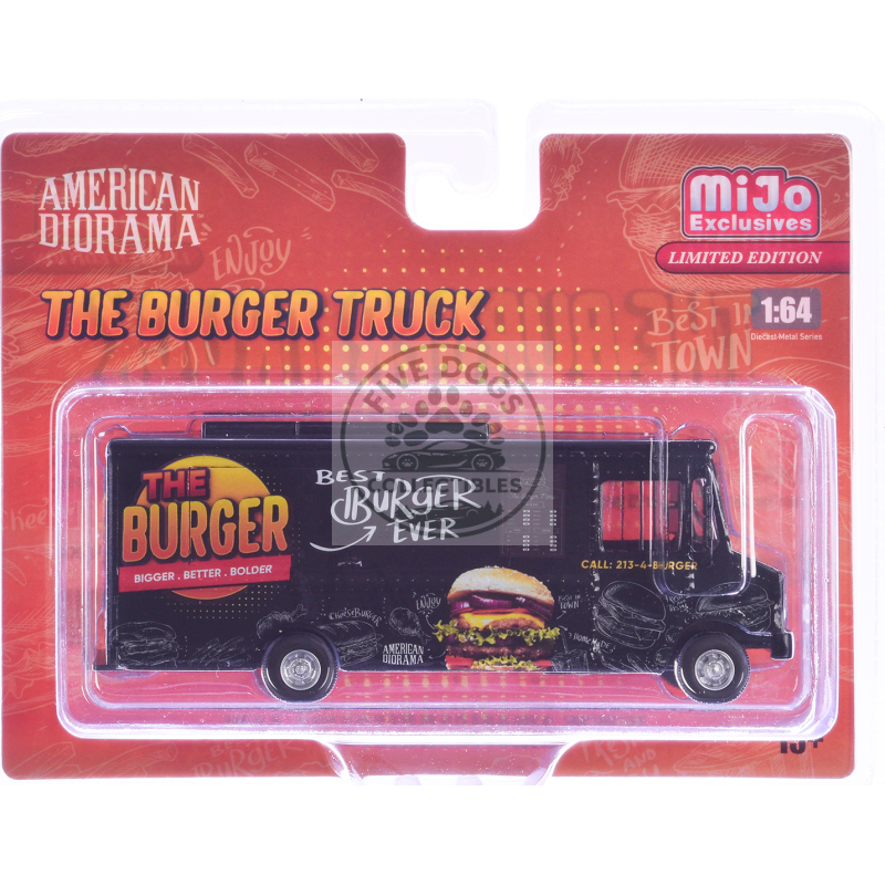 food truck "the burger truck" black with graphics 1/64 diecast model by american diorama