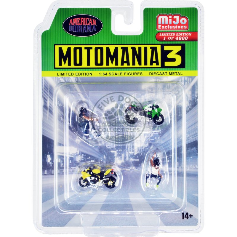 "motomania 3" 4 piece diecast set (2 figures and 2 motorcycles) limited edition to 4800 pieces worldwide for 1/64 scale models by american diorama