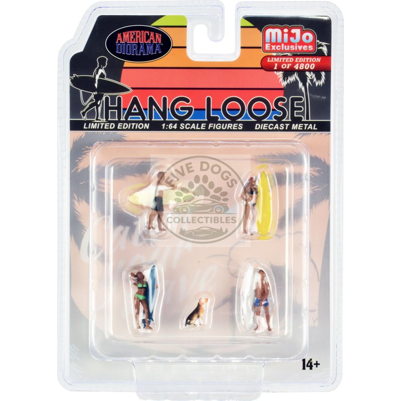 "hang loose" 5 piece diecast set (4 surfer figures and 1 dog) limited edition to 4800 pieces worldwide for 1/64 scale models by american diorama
