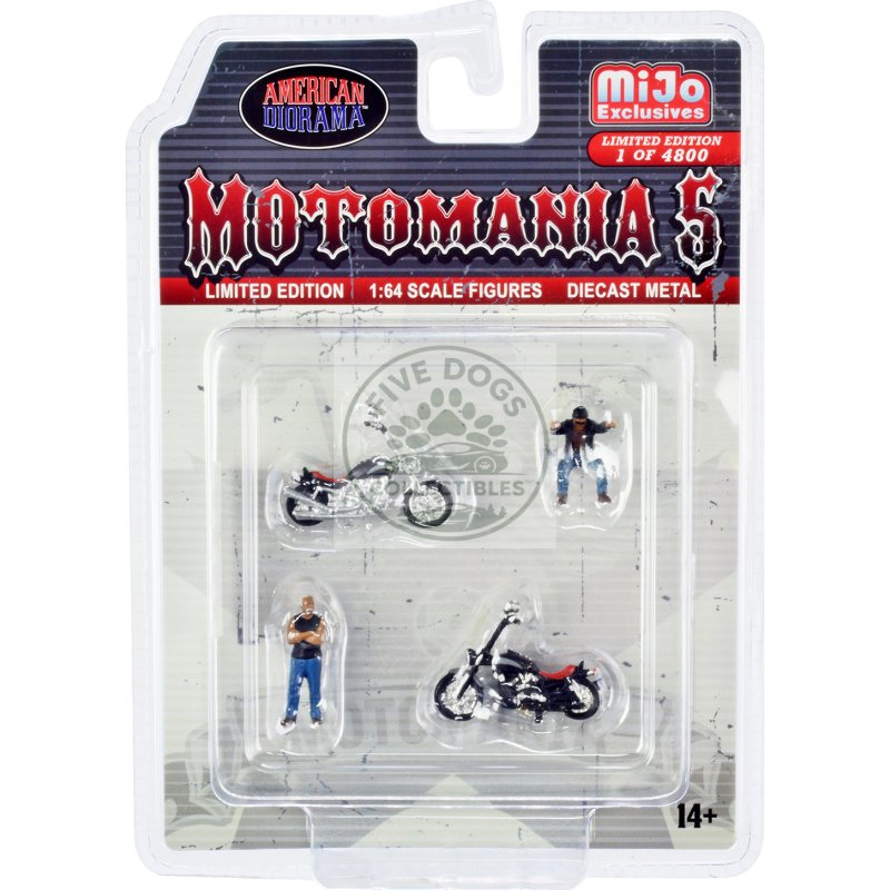 "motomania 5" 4 piece diecast set (2 figures and 2 motorcycles) limited edition to 4800 pieces worldwide for 1/64 scale models by american diorama