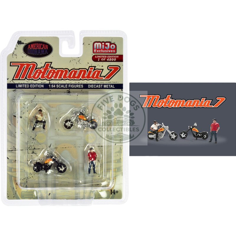 "motomania 7" 4 piece diecast figure set (2 figures 2 motorcycles) limited edition to 4800 pieces worldwide for 1/64 scale models by american diorama