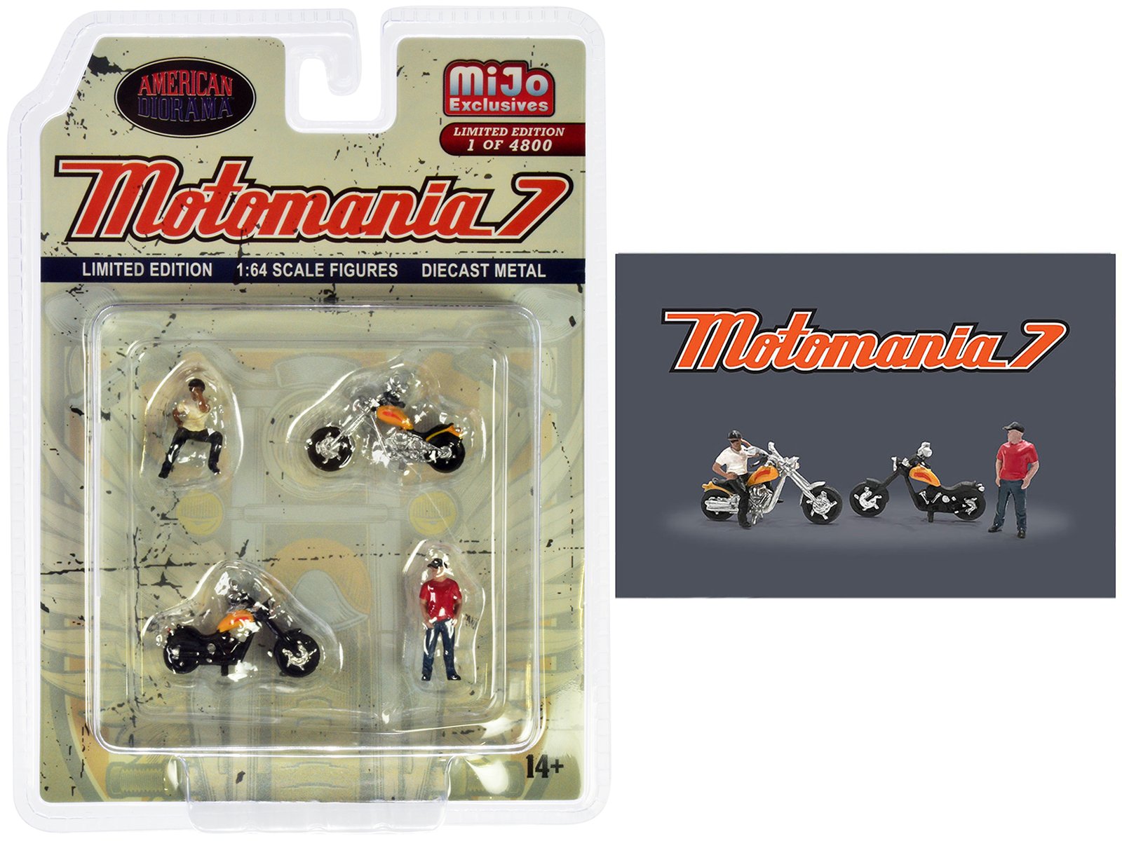 "motomania 7" 4 piece diecast figure set (2 figures 2 motorcycles) limited edition to 4800 pieces worldwide for 1/64 scale models by american diorama "motomania 7" 4 piece diecast figure set (2 figures 2 motorcycles) limited edition to 4800 pieces worldwide for 1/64 scale models by american diorama
