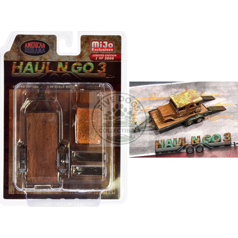 "haul n go 3" 4 piece diecast model set (1 flatbed trailer 1 abandoned car 2 ramps) limited edition to 3600 pieces worldwide for 1/64 scale models by american diorama