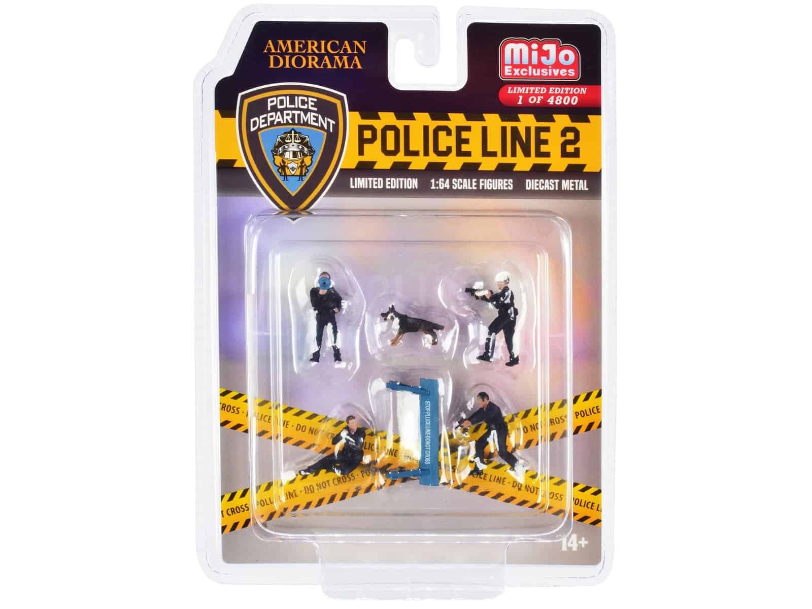 Police Line 2 American Diorama Collectible Set Police Line 2 diorama with police officers, police dog, and barricades, perfect for collectors and d.
