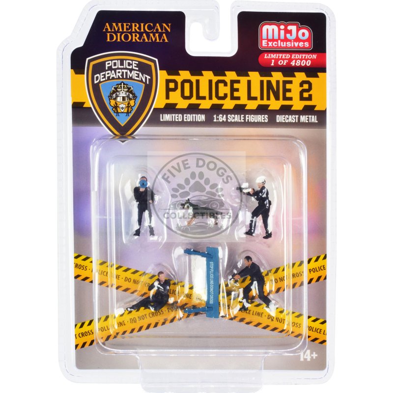 "police line 2" 6 piece diecast set (4 police figures 1 dog figure and 1 accessory) limited edition to 4800 pieces worldwide for 1/64 scale models by american diorama