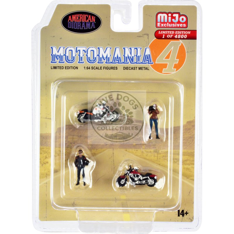 "motomania 4" 4 piece diecast set (2 figures and 2 motorcycles) limited edition to 4800 pieces worldwide 1/64 scale models by american diorama