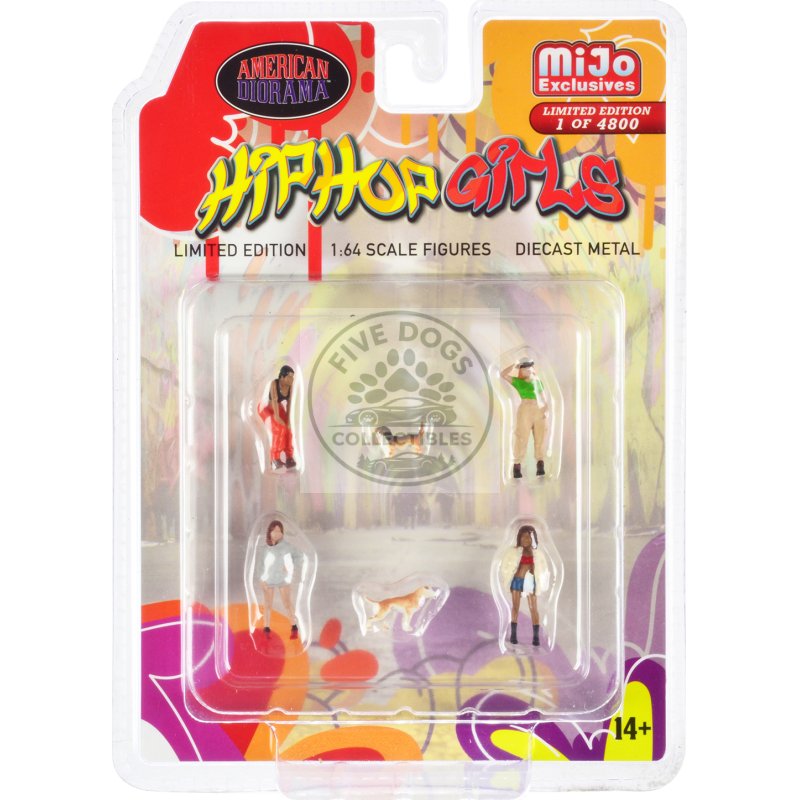 "hip hop girls" 6 piece diecast set (4 women 2 dog figures) limited edition to 4800 pieces worldwide 1/64 scale models by american diorama