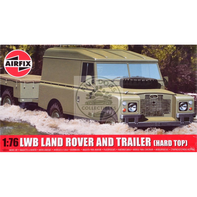 level 2 model kit land rover lwb (hard top) truck and trailer with 2 scheme options 1/76 scale plastic model kit by airfix