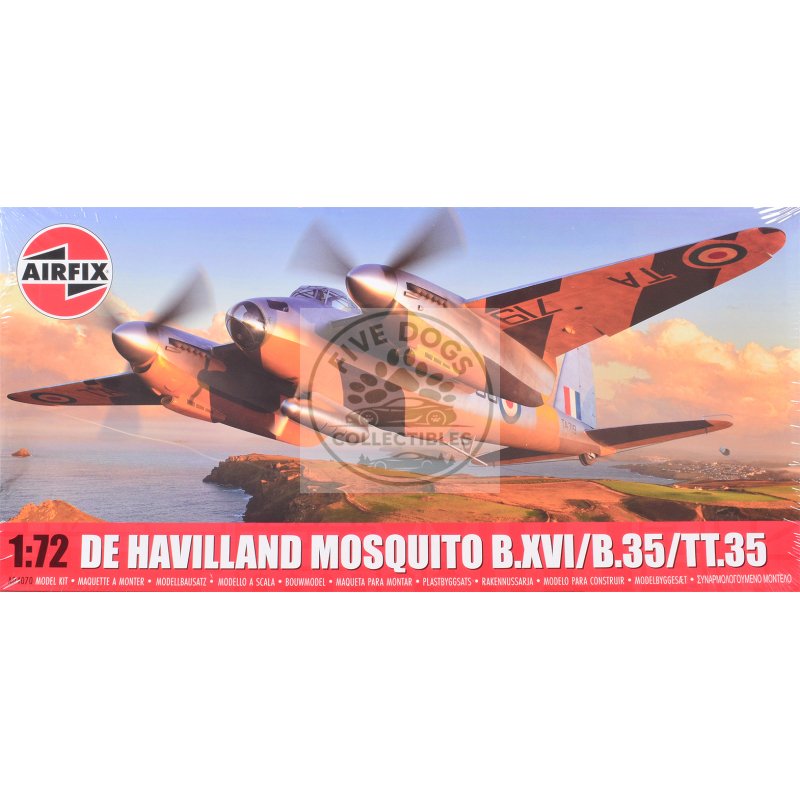 level 2 model kit de havilland mosquito b.xvi/b.35/tt.35 aircraft with 3 scheme options 1/72 plastic model kit by airfix
