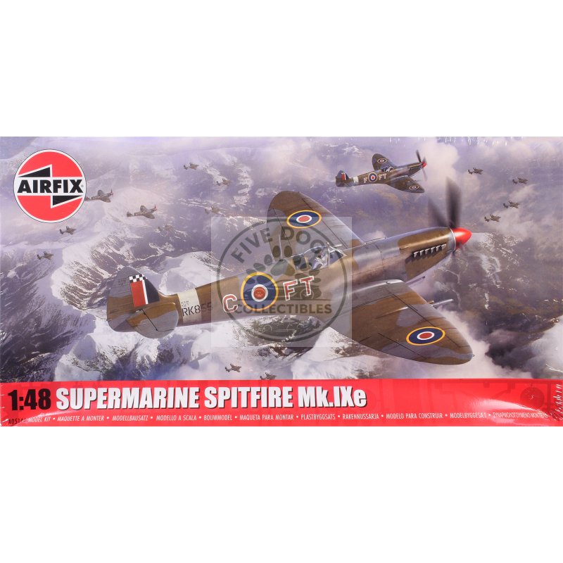 level 2 model kit supermarine spitfire mk.ixe fighter aircraft with 3 scheme options 1/48 plastic model kit by airfix