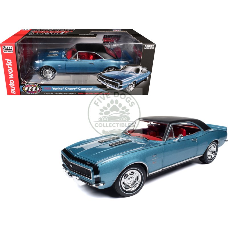 1967 chevrolet yenko camaro ys760 nantucket blue metallic with black stripes, black vinyl top, and red interior "muscle car & corvette nationals" (mcacn) "american muscle" series 1/18 diecast model car by auto world