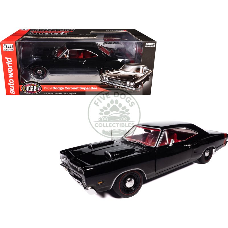 1969 dodge coronet super bee "muscle car & corvette nationals" (mcacn) black with red interior "american muscle" series 1/18 diecast model car by auto world