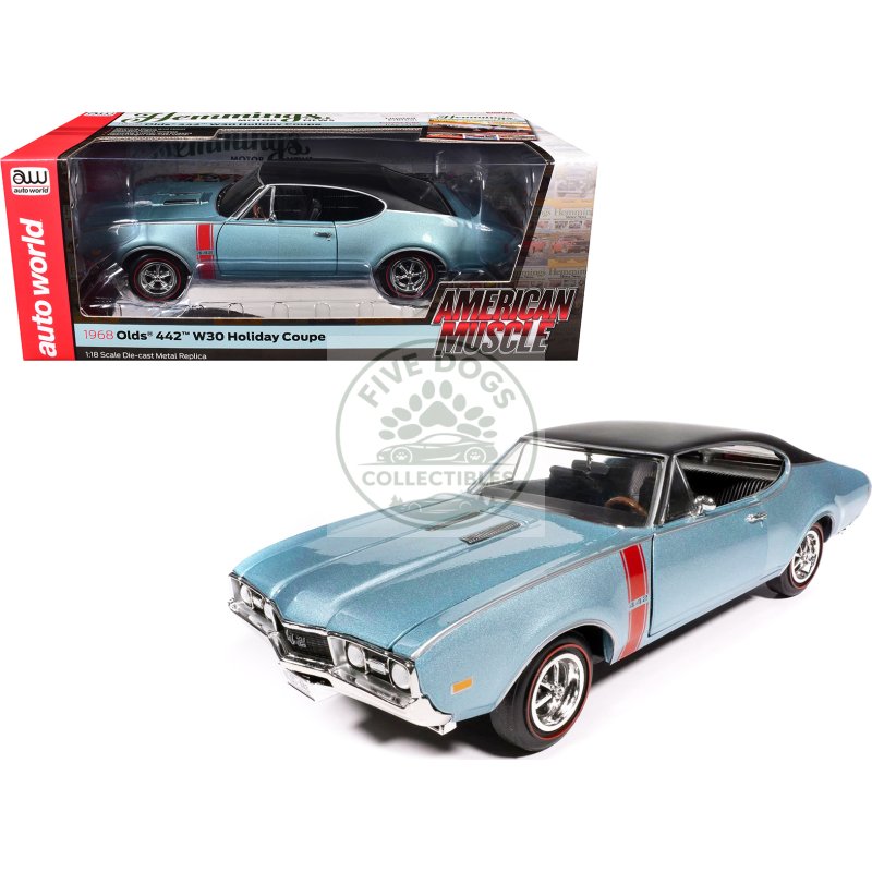 1968 oldsmobile 442 w30 holiday coupe teal frost metallic with red stripes and black vinyl top "hemmings motor news july 2023 cover car" "american muscle" series 1/18 diecast model car by auto world
