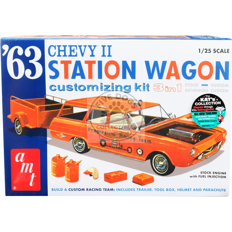 skill 2 model kit 1963 chevrolet ii station wagon with trailer 3 in 1 kit 1/25 scale model by amt