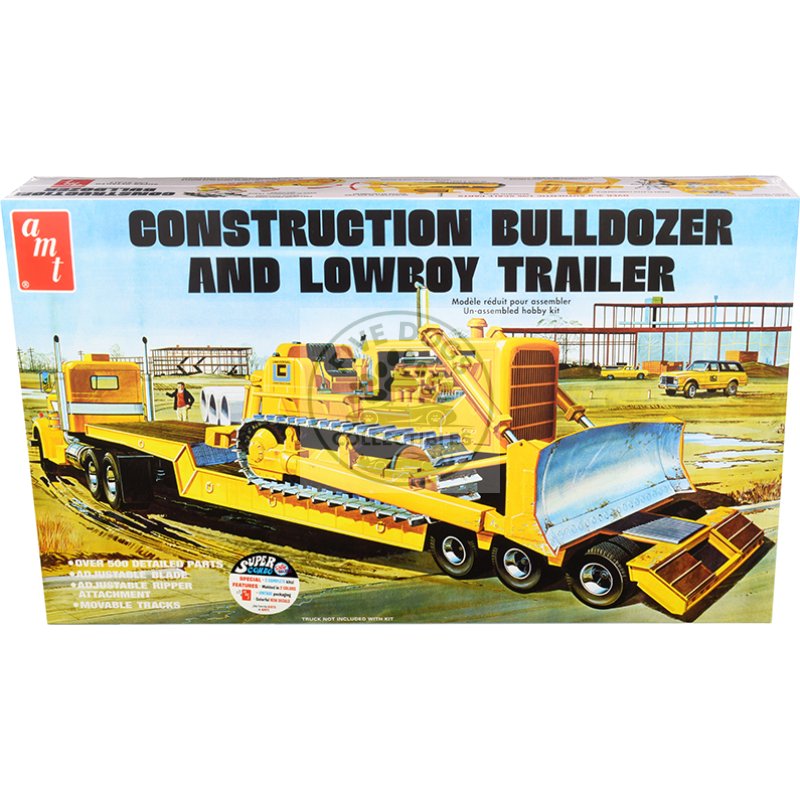 skill 3 model kit construction bulldozer and lowboy trailer set of 2 pieces 1/25 scale model by amt