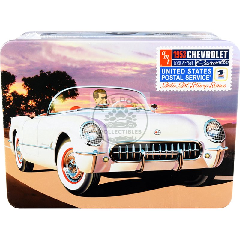 skill 2 model kit 1953 chevrolet corvette "usps" (united states postal service) themed collectible tin 1/25 scale model by amt