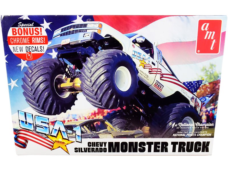 skill 2 model kit chevrolet silverado "usa 1" monster truck 1/25 scale model by amt skill 2 model kit chevrolet silverado "usa 1" monster truck 1/25 scale model by amt