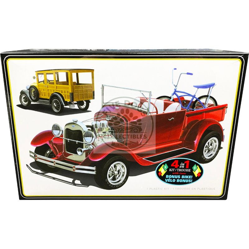 skill 2 model kit 1929 ford woody pickup 4 in 1 kit with bike 1/25 scale model by amt