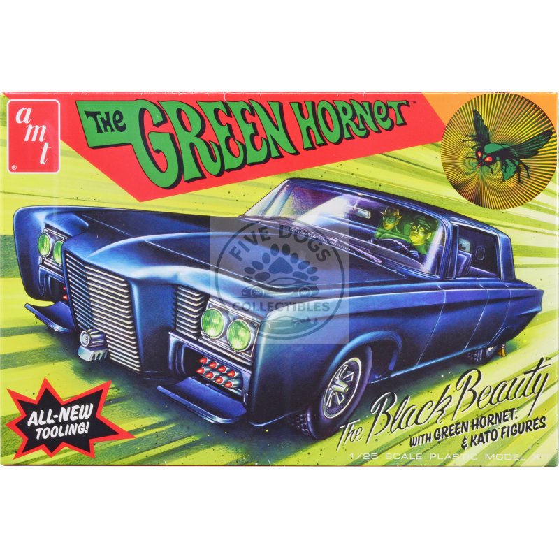 skill 2 model kit black beauty "the green hornet" (1966–1967) tv series with green hornet and kato figures 1/25 scale model by amt