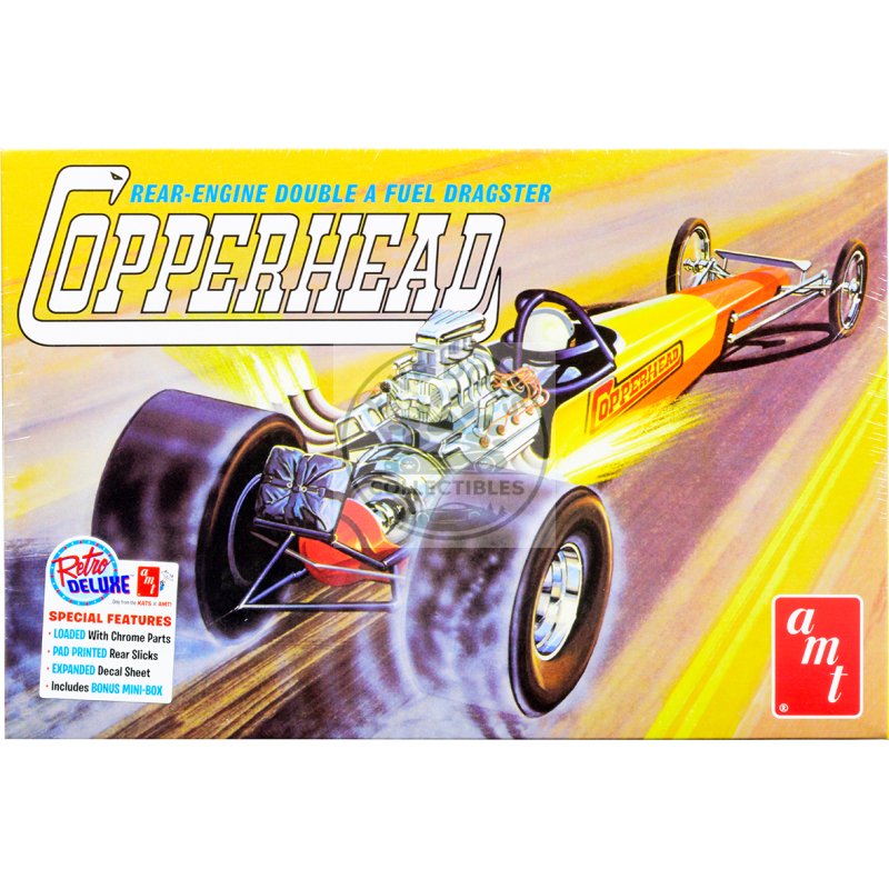 skill 2 model kit 1934 copperhead rear engine double a fuel dragster 1/25 scale model by amt