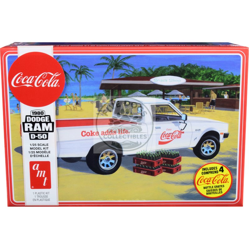 skill 3 model kit 1980 dodge ram d 50 pickup truck "coca cola" four bottle crates 1/25 scale model by amt