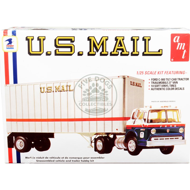 skill 3 model kit ford c900 truck tractor with trailer "u.s. mail" 1/25 scale model by amt